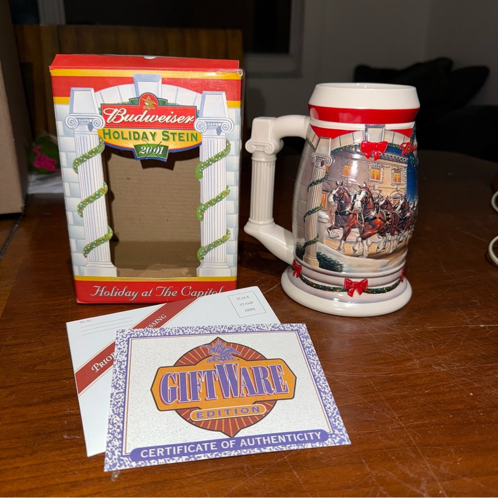 2001 Budweiser Holiday Stein “Holiday at the Capitol” CS455 with Box & COA